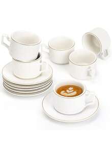 6-Pc Embossed Coffee Cup Set - Ceramic Espresso Cups & Saucers W/ Gothic Relief Design, Cafe Service For Cappuccino/Latte, Perfect For Fall / Thanksgiving Day Table Decor - White-90ml-6 Cups and 6 Plates - View 11