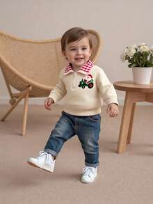 Sudadera navideña para niño pequeño con bordado de hombre de jengibre, manga larga, solapa, cremallera frontal, suéter holgado - Caqui - Ver 4