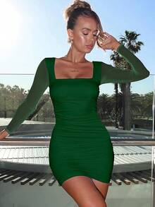 Homecoming Dresses For Teen  Ruched Bodycon Mini Dress Mesh Long Sleeve Club Party 2025 - Dark Green - View 5