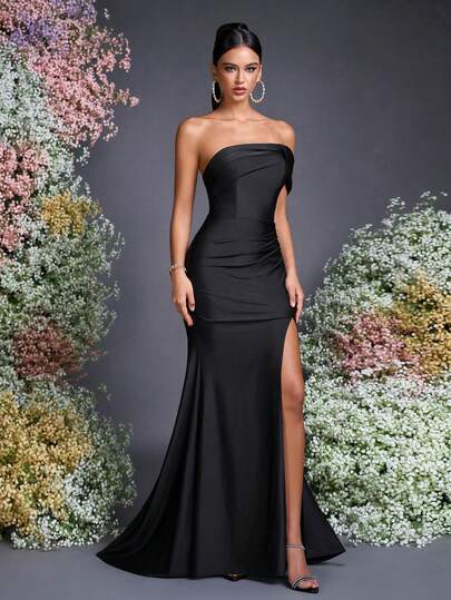 AOSHABABI Black One-Shoulder Slit Fishtail Evening Gown, Unique Shoulder Design With Back Tie, Elegant Fitted Style, High-Quality For Formal Dinners, Galas, Suitable For All Formal Occasions, Music Festivals, Big Parties, Weddings, Celebrations, Graduations, Cocktail Parties, Dates, Holidays, And Bridesmaids