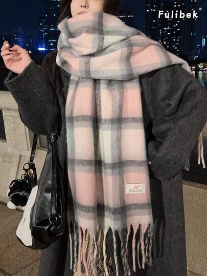 1pc Women Autumn/Winter New Faux Wool Plaid Thick Tassel Scarf, Warm, Fashion Street Style, Soft & Comfortable, Suitable For Travel And Daily Use For Dress