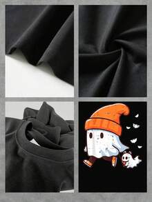 Bonita camiseta con estampado de fantasmas y espeluznantes para mujer. Luce esta divertida camiseta gráfica con comodidad. Un atuendo inspirado en Halloween. Una prenda informal para los amantes de la temporada de terror. Una opción de moda linda y moderna. Talla extragrande. - Negro - Ver 4