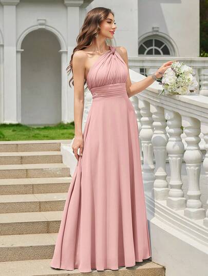 Volly Toych Baby Pink A-Line One Shoulder Keyhole Ruched Chiffon Elegant Maxi Formal Bridesmaid Dress, Wedding Guest