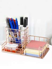 优雅金色金属桌面收纳托盘，多隔层办公桌收纳架，可放置钢笔、化妆刷等物品，精美桌面配件，适合女性、学生及家庭办公使用（金色/玫瑰金）办公桌办公用品笔筒办公配件 - 桌面收納籃 - 查看 9