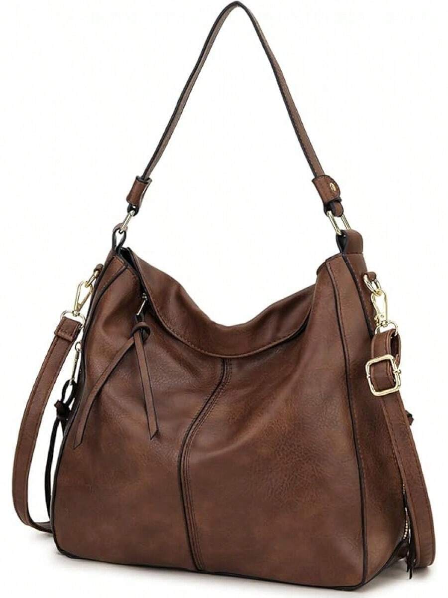 Women's Hobo Bags, Faux Leather Tote Ladies Handbag Medium Shoulder Bags With Side Pockets Work Travel, Style - 棕色 - 查看 1