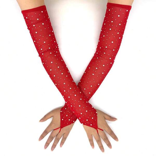 1 Pair Women's Sexy Fishnet Fingerless Rhinestone Stretch Thin Gloves, Fashionable For Music Festival, Stage Performance, Singles Party, Halloween Costume, Wolf Role Play