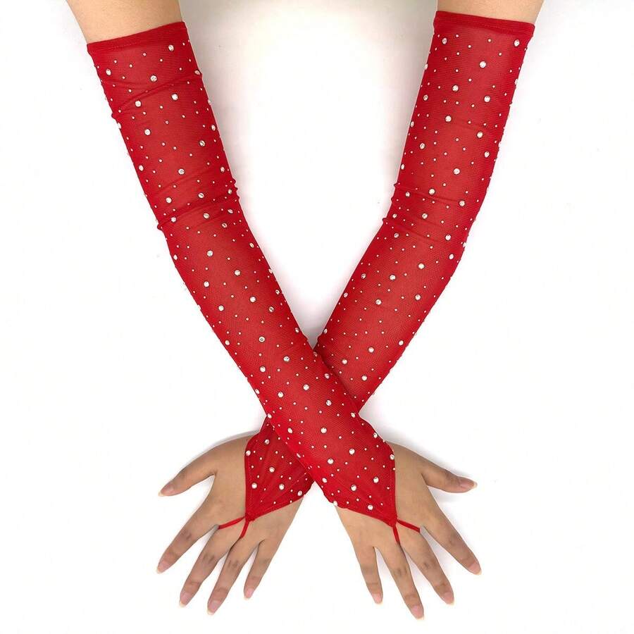 1 Coppia di Guanti Senza Dita Sexy in Rete con Strass per Donne, Alla Moda per Festival Musicali, Esibizioni sul Palco, Feste per Single, Ognissanti, Ruolo del Lupo
