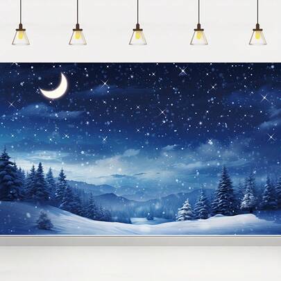 1 pezzo, Sfondo fotografico invernale piatto 2D - Cielo stellato, luna, paesaggio di foresta di pini, montagne e alberi innevati, perfetto per Natale, Capodanno, accessori studio e decorazioni festive | Paesaggio tranquillo, decorazioni invernali da sogno.