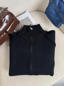 Cárdigan suelto de punto coreano Wixra, cuello alto, manga raglán, diseño de cremallera de doble vía, unicolor, estilo universitario, esencial para capas en otoño/invierno - Negro - Ver 3