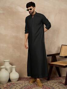 穆斯林男士休闲纯色传统阿拉伯长袍 - 黑色 - 查看 4