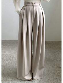 High Waist Pleated Straight Leg Women Casual Loose Pockets Pants