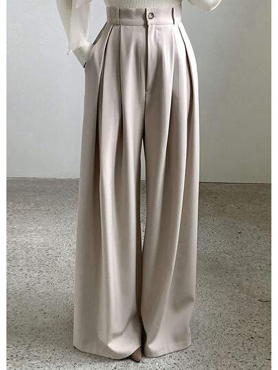 High Waist Pleated Straight Leg Women Casual Loose Pockets Pants