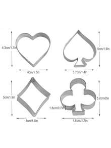 4 piezas Moldes de galletas de póker, moldes de galletas de acero inoxidable, moldes de galletas con forma de flor de ciruelo/pica/bloque/corazón, moldes de galletas DIY, moldes de pasteles hechos a mano, moldes de pasteles hechos a mano, moldes de galletas con cartas de juego, moldes para hornear pasteles, decoración de pasteles, decoración de fiestas, decoración de fiestas con temática de póker, moldes de fondant para jugar a las cartas - Plateado - Ver 9