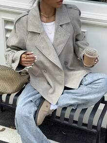 女士休闲通勤翻领双排扣开衫，秋冬 - 灰色 - 查看 4