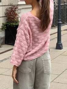 Women's Bubble Textured Knit Sweaters Long Sleeve Scoop Neck Solid Color Pullovers Loose Fit Tops - Pink - View 3