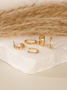 5pcs Elegant Gold-Tone Earring Set, Cubic Zirconia Inlaid, Includes Clip-On And Multiple Earrings, Stackable, Women Jewelry - Yellow Gold - View 3