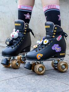 1 par de patines de ruedas de estilo deportivo retro con ruedas de PU resistentes al desgaste y amortiguación, protección de impacto de grado A, patines de ruedas dobles de cuero de PVC negro para exteriores