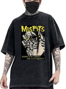 Men's T-Shirt, Retro, Rock Band Misfits Themed, Print, Pattern, Loose Fit, Short Sleeved, Top 004-A - 黑色 - 查看 2