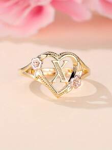 Tsnamer 1枚精美立方氧化锆金色字母心形戒指，26个字母A-Z可定制姓名花朵图案，可调节开口手镯式戒指，适合女性和女孩日常佩戴，生日珠宝礼物 - 金黃色花朵 - 查看 28