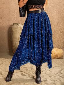 Rusttydustty 女士蓝色波点层叠不对称复古浪漫半身裙，适合度假、情人节、新年派对及其他节日穿着。 - 寶藍色 - 查看 3