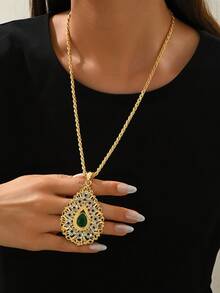 1pc Women's Gold Plated Hollow Pattern Necklace, Gold Bride Pendant Sweater Chain, Algerian Traditional Jewelry, Holiday Gift Valentine's Day Accessories - One Size - View 4