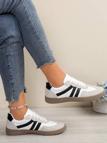 厚底运动鞋，Y2K风格，户外运动鞋，撞色运动鞋，经典复古运动黑白条纹拼接圆头系带女鞋，耐穿灵活休闲鞋，系带设计 - 黑色 - 查看 3