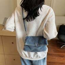 Women's Denim Shoulder Bag With Magnetic Snap Fashionable Adjustable Crossbody Bag For Work, Travel - Blue - View 4