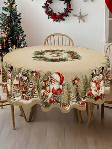 1pc Christmas Tablecloth, Vintage Santa Claus Snowman Winter Village, Polyester Tablecloth, Round/Rectangular, Christmas Party Home Kitchen Dining Table Decor, Christmas Gift - Multicolor - View 9