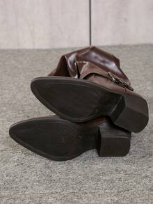 Women's Brown Fashion Mid-Calf Boots, Single-Lined Spring/Autumn Dress Boots, New Buckle Strap European & American Niche Thick Heel Chunky Sole Lightweight Western Slouchy Autumn/Winter Retro Motorcycle Boots, Slimming