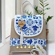 Bolsa de Dama, Mochila de Mujer, Bolsos y Equipaje, Mochila con Estampado Artesanal, Regalo, Bolsos con Colores Elegantes, Moda,  Bolso de Asa, Bolso de Mano, Bolsa de Hombro - Azul y blanco - Ver 1