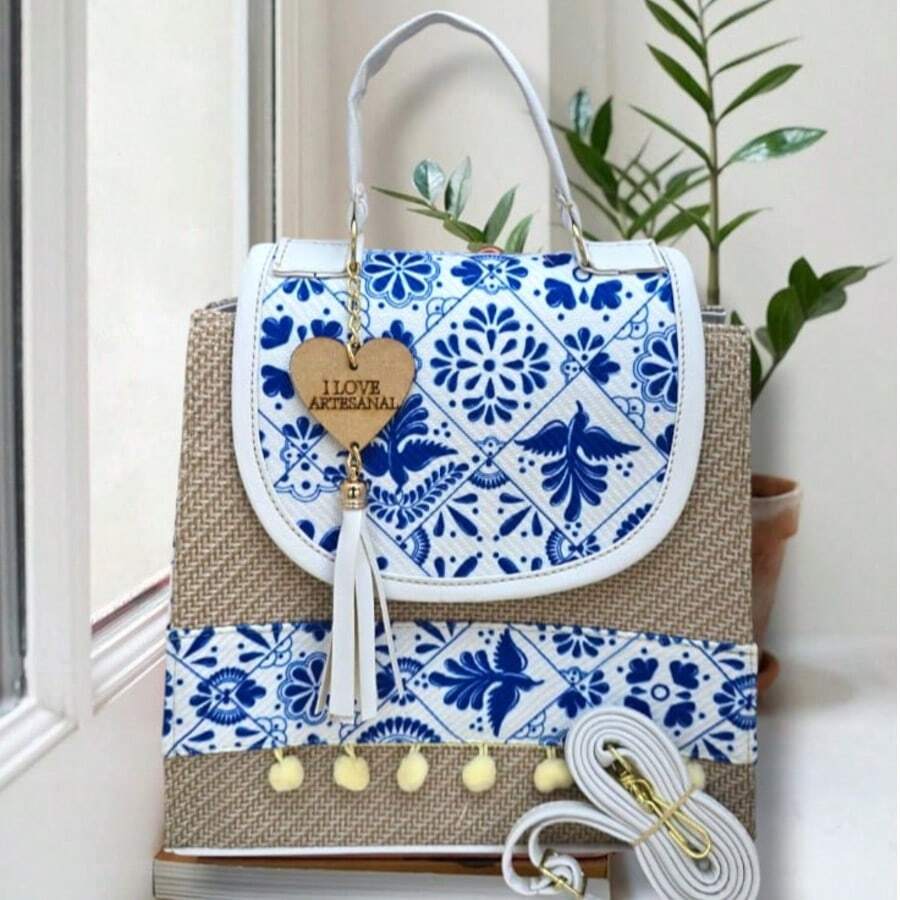 Bolsa de Dama, Mochila de Mujer, Bolsos y Equipaje, Mochila con Estampado Artesanal, Regalo, Bolsos con Colores Elegantes, Moda,  Bolso de Asa, Bolso de Mano, Bolsa de Hombro - Azul y blanco - Ver 1