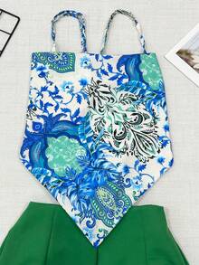 One Size Shirt Set With Tie At The Back And Print, Shorts With Zipper And No Pocket - màu xanh lá - Xem 2