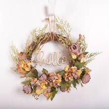 1 pièce Couronne de fleurs artificielles, décoration florale de porte d'entrée pour les quatre saisons, couronne de fleurs artificielles avec panneau de bienvenue, convient pour la décoration de la maison, accrocher au mur, à la porte, à la fenêtre de la ferme