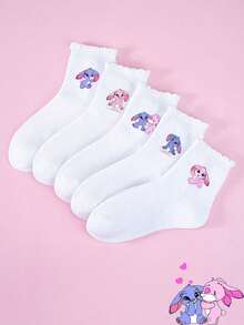 5双装儿童情侣款春夏Stitch & Angel甜美时刻荷叶边印花透气舒适可爱短袜日常穿着/国际女童节/圣帕特里克节卡通袜柔软亲肤休闲女童袜，荷叶边袜口，泡泡袜，女童短袜，男童短袜，柔软 - 彩色 - 查看 2