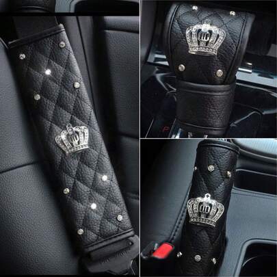 1pc/3pcs Set Car Seat Belt Shoulder Protection Car Seat Belt Cover Crown Inlaid Diamond Car Seat Belt Handbrake Gear Protection Seat Belt Cover Car Accessories