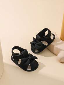 婴儿凉鞋，蝴蝶结扣，软底幼儿学步鞋，0-1岁 - 黑色 - 查看 11