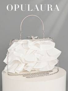 Bolso de mano elegante y encantador con diseño de pétalos de OpulAura para mujer, bolso con volantes adecuado para vestido de noche, apto para boda/vacaciones/fiesta formal/baile de graduación, incluye cadena - Blanco - Ver 2