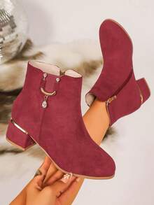 秋冬优雅麂皮中跟粗跟酒红色踝靴，水钻侧拉链靴，时尚弹力女式踝靴 - 酒紅色 - 查看 3