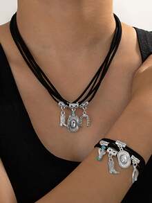 1pc Fashion Retro Western Cowboy Boot, Hat & Cactus Shaped Antique Silver Alloy Pendant Bracelet With Suede Tassel, Suitable For Men And Women As Couples' Daily Wear Gift - Multicolor - View 13