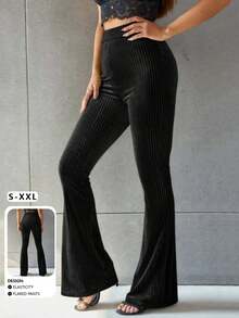 休闲罗纹设计喇叭裤，秋季新品，裤子，喇叭裤 - 黑色 - 查看 11