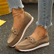 Casual Comfortable Women Loafers Lightweight Slip On Low Top Round Toe Fashion Chain Decorated Shoes - 駝色 - 查看 1