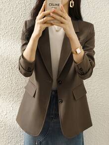 Stylish Khaki Blazer Jacket For Women, 2025 New Spring Autumn Casual Korean Fashion Suit Top