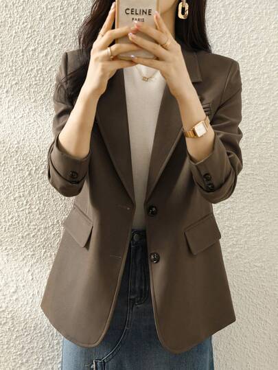 女士时尚卡其色西装外套，2025新款春秋季休闲韩版时尚西装上衣
