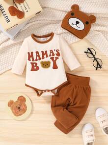 3pcs/Set Baby Boy Casual Outfit, Cute Letter Print & Cartoon Bear Embroidery Decor Bodysuit, Elastic Waist Pants And Hat, Suitable For Daily Wear, Vacation, Party, Photography