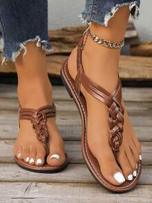 Women's Woven Flat Thong Sandals, Elastic Back Strap Comfortable Slip-On PU Leather Casual Versatile Roman Style Sandals