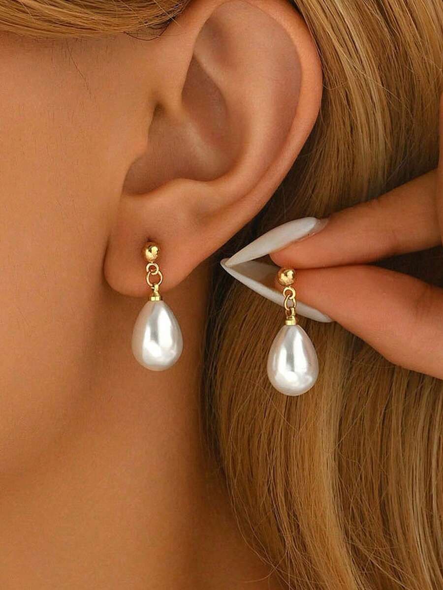 2 件优雅简约品质泪珠珍珠吊坠耳环，个性化吊坠耳环，伴娘耳环，婚礼珠宝 - 彩色 - 查看 1