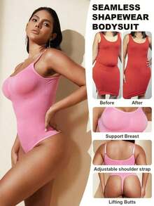 1pc Women Seamless Shaping Bodysuit With Thong Bottom, Slimming Bodyshaper Tummy Control Flat Belly Sheath Jumpsuit Shapewear Waist Trainer Shaper - 粉色 - 查看 2