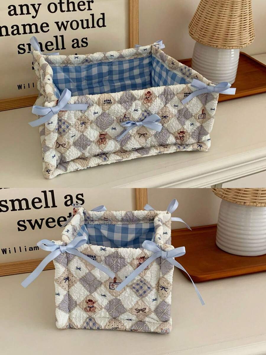 Bear Storage Basket – Hand-Quilted Cute Home Snack Holder, Desktop Small Item Organizer.