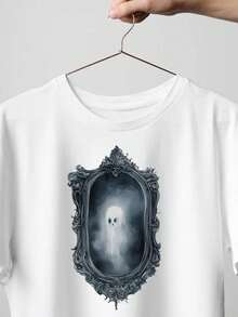 Haunting Ghost Mirror, Classic Shirt, Men Tshirts, Great For A Game Of Volleyball On The Beach, Casual T-Shirt Graphic Tees, 100 Percent Cotton Shirts, White Street Graphic Tees, Men's T-Shirt, Funny Graphic Vintage T Shirts, S-XXXL - 白色-1 - 查看 1