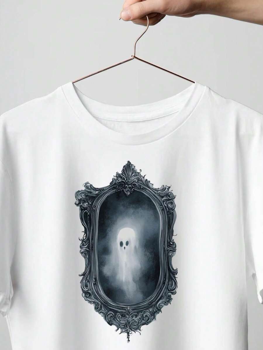 Haunting Ghost Mirror, Classic Shirt, Men Tshirts, Great For A Game Of Volleyball On The Beach, Casual T-Shirt Graphic Tees, 100 Percent Cotton Shirts, White Street Graphic Tees, Men's T-Shirt, Funny Graphic Vintage T Shirts, S-XXXL - 白色-1 - 查看 1